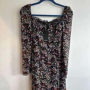 NWT Nasty Gal Square Neck Black Floral Midi Long Sleeve Dress size 6